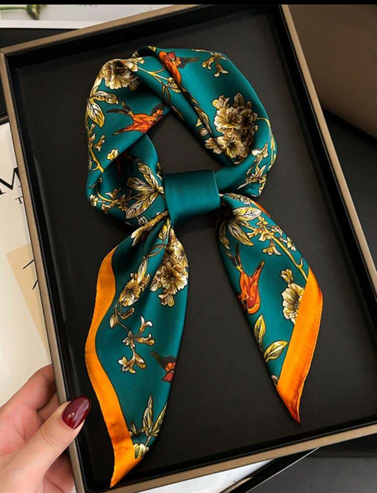 Elegant Emerald Teal Satin Scarf with Vibrant Orange Paradise Birds and Golden Floral Motifs