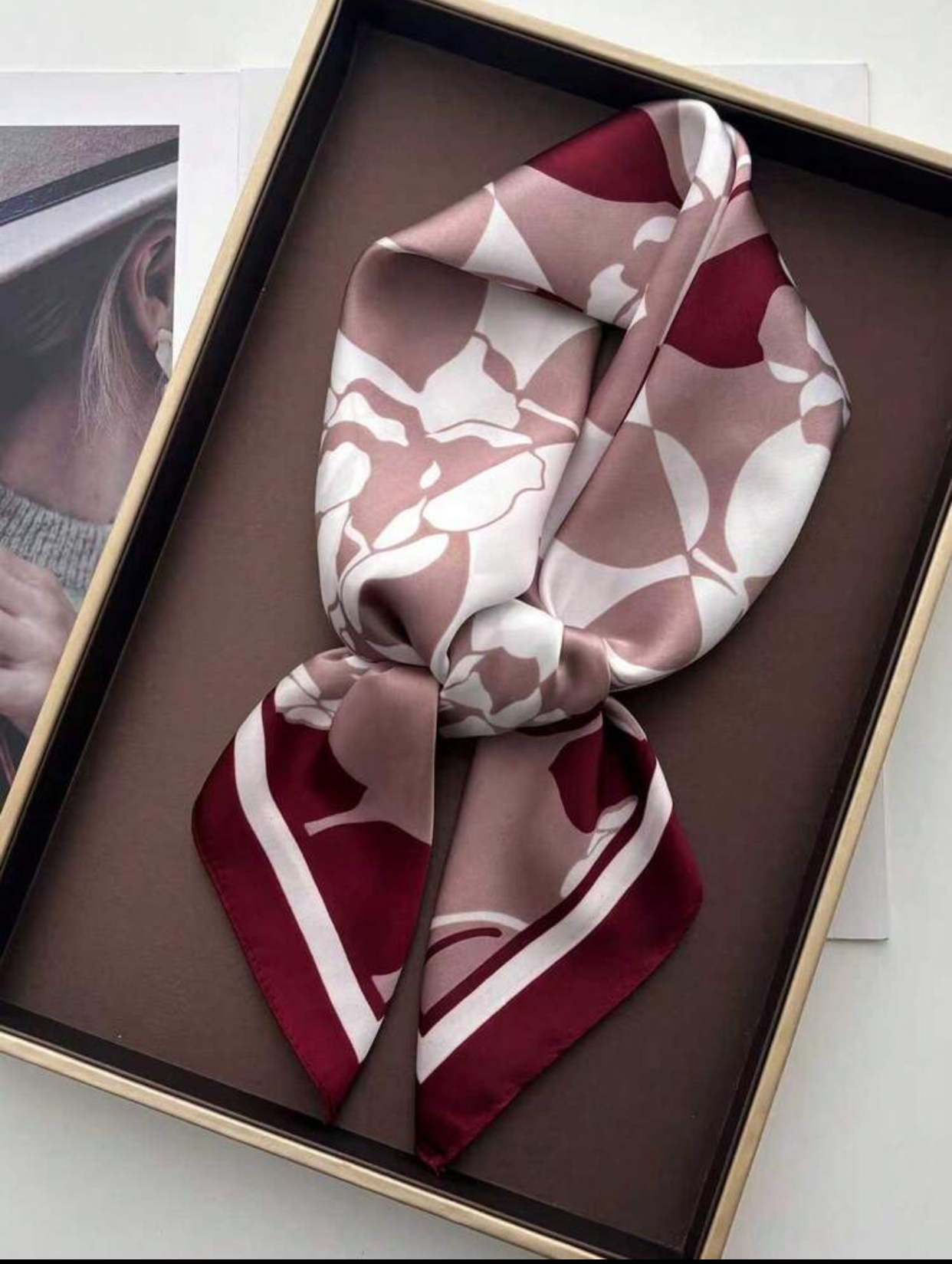 Contemporary Abstract Floral Silhouette Satin Scarf in Dusty Mauve and Deep Crimson Red