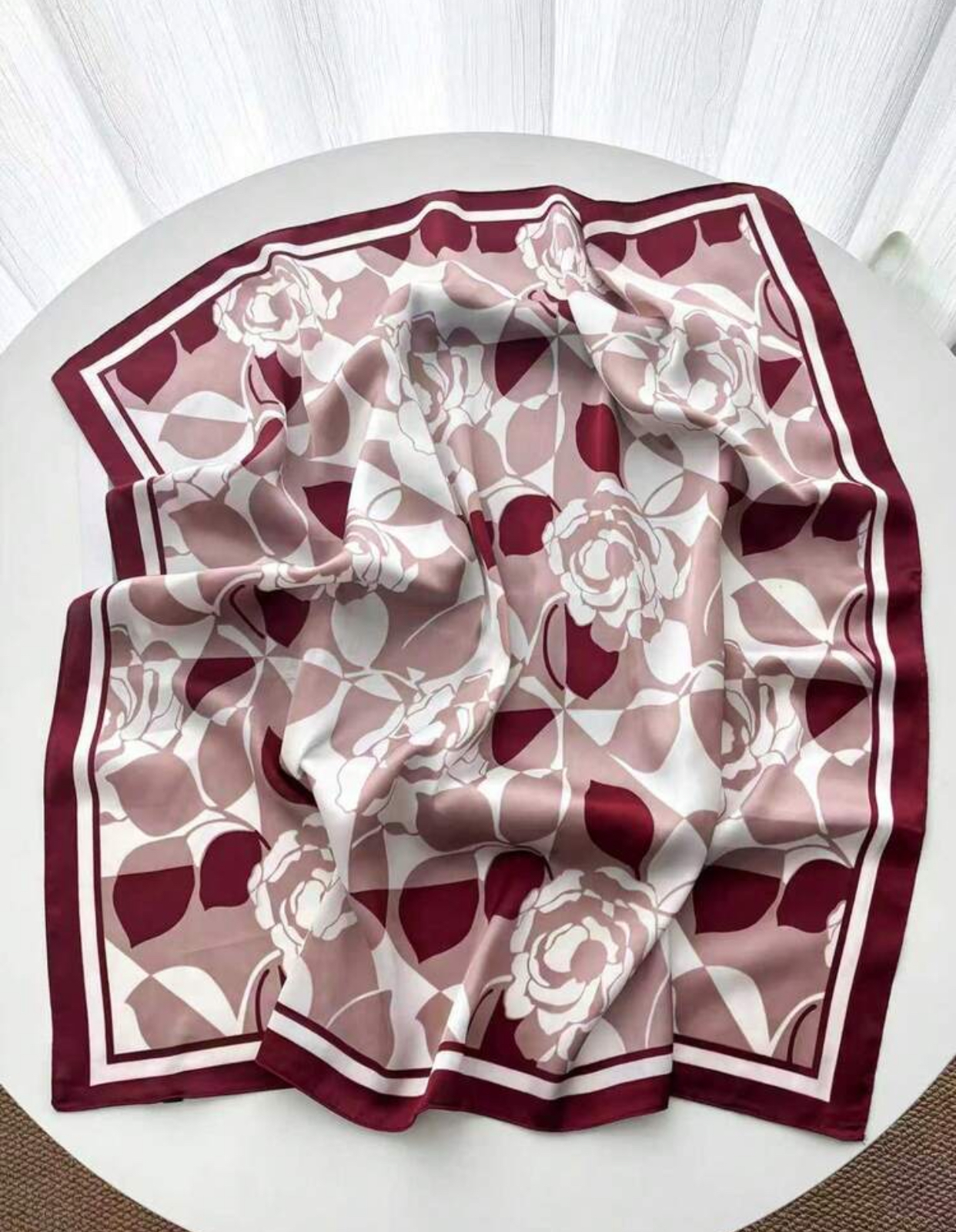 Contemporary Abstract Floral Silhouette Satin Scarf in Dusty Mauve and Deep Crimson Red 2
