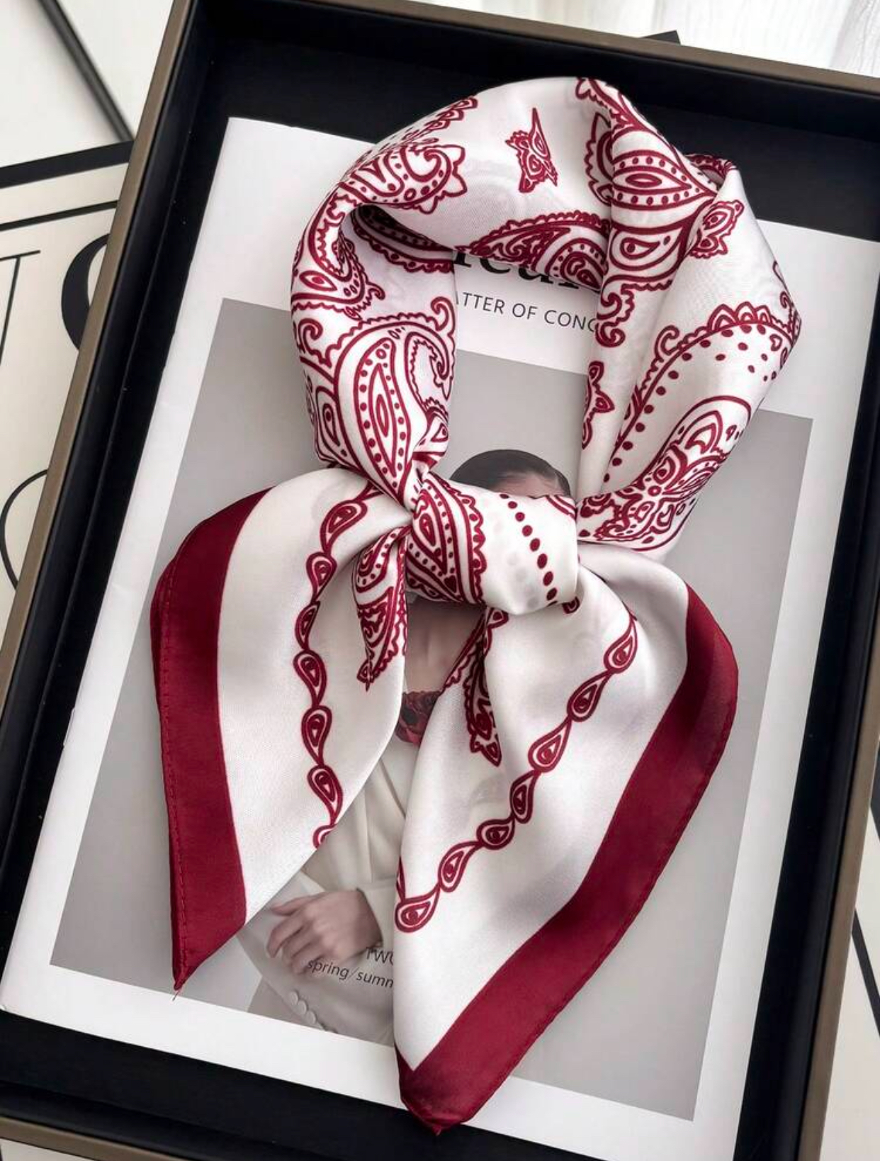 Classic Cream and Deep Burgundy Paisley Patterned Satin Neck Scarf with Solid Wine Red Border