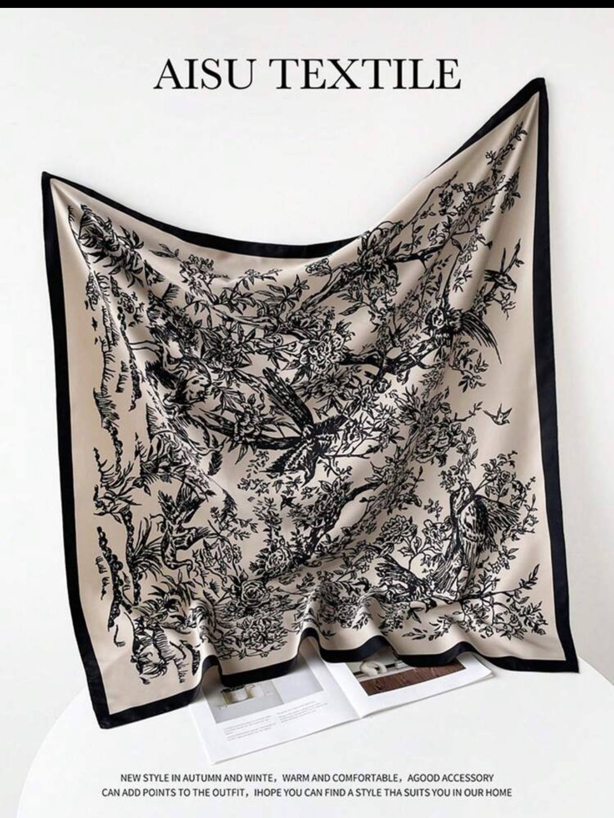Vintage French-Inspired Beige and Black Toile de Jouy Woodland Bird Motif Square Silk Scarf