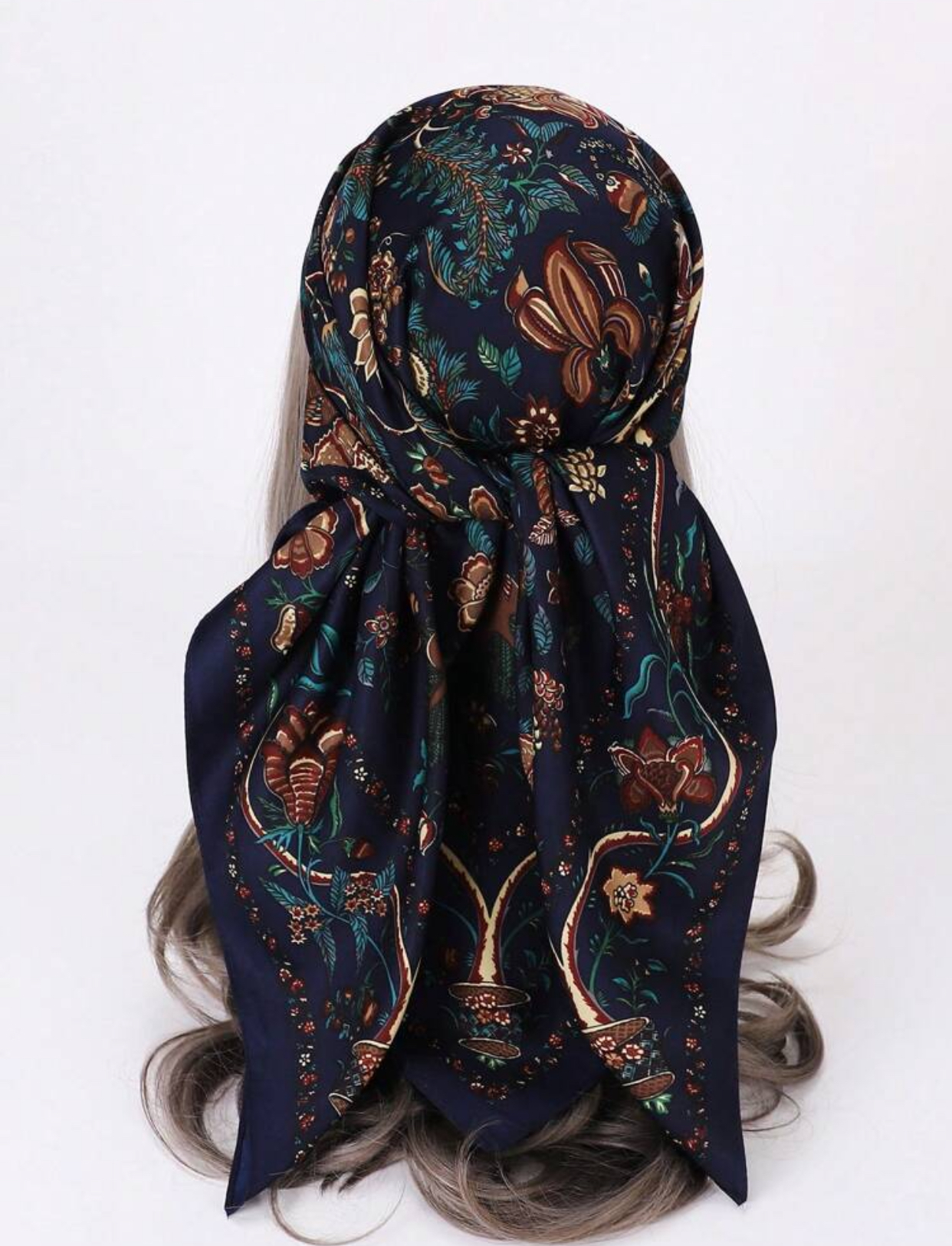 Vintage Botanical Garden Dark Navy Silk Headscarf with Multicolor Baroque Floral Patterns