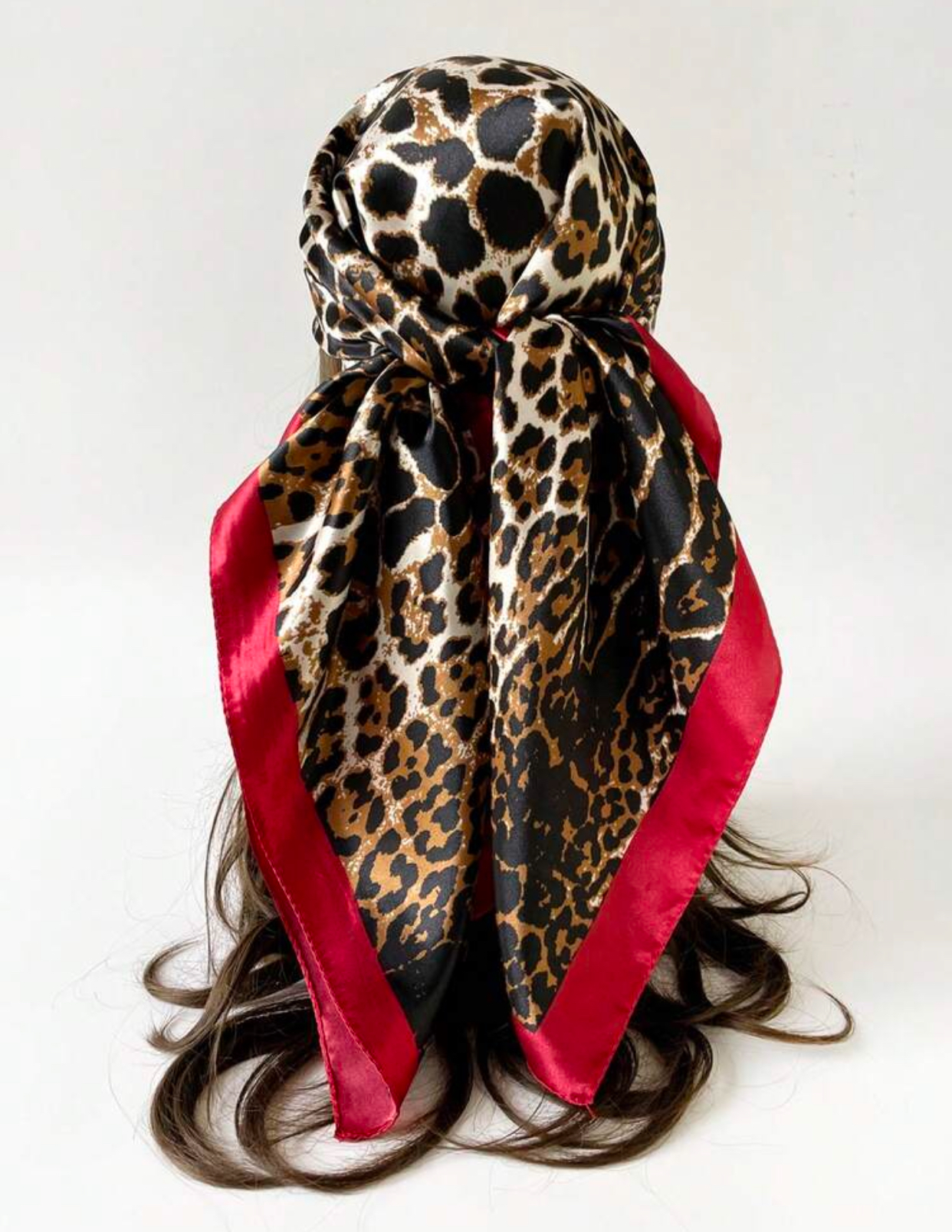 Exotic Wild Leopard Print Silk Head Wrap Scarf with Bold Solid Crimson Red Silk Border