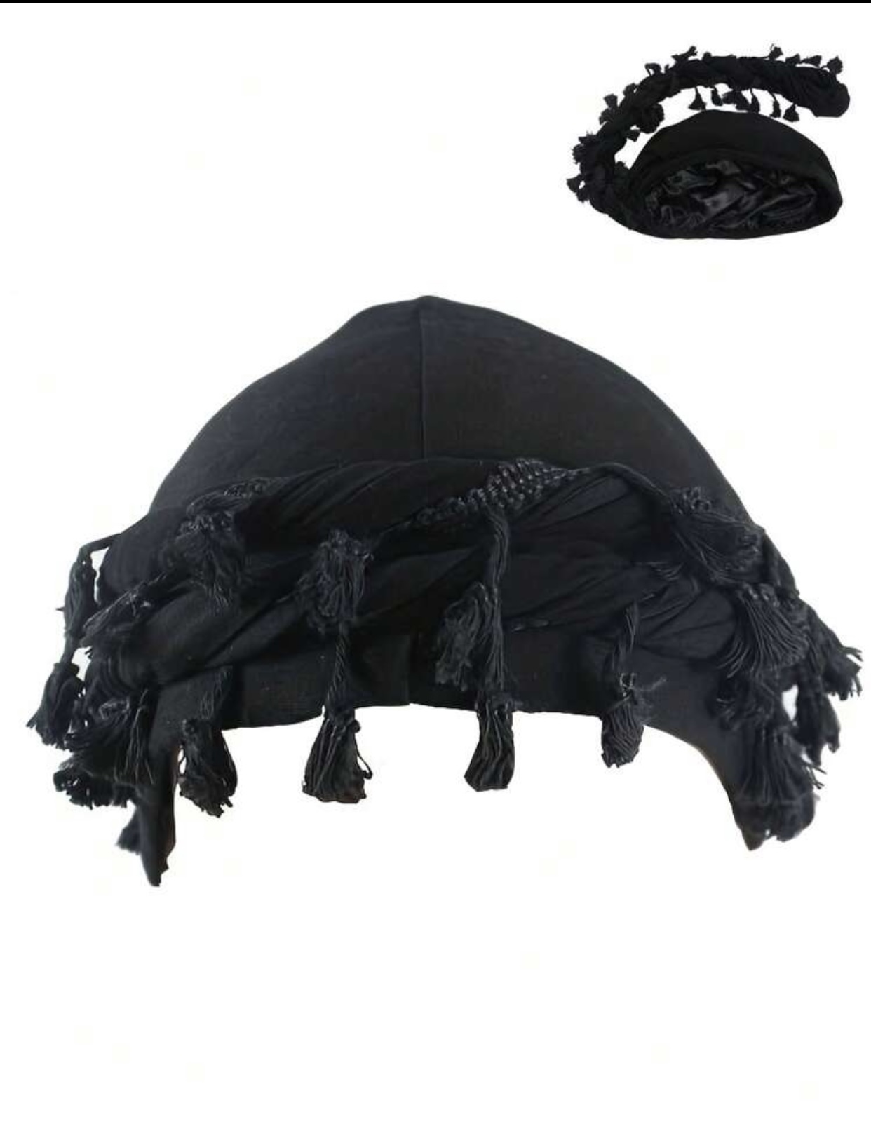 Men's Tasseled Desert Shemagh Head Wrap Beanie Hat in Solid Jet Black 2