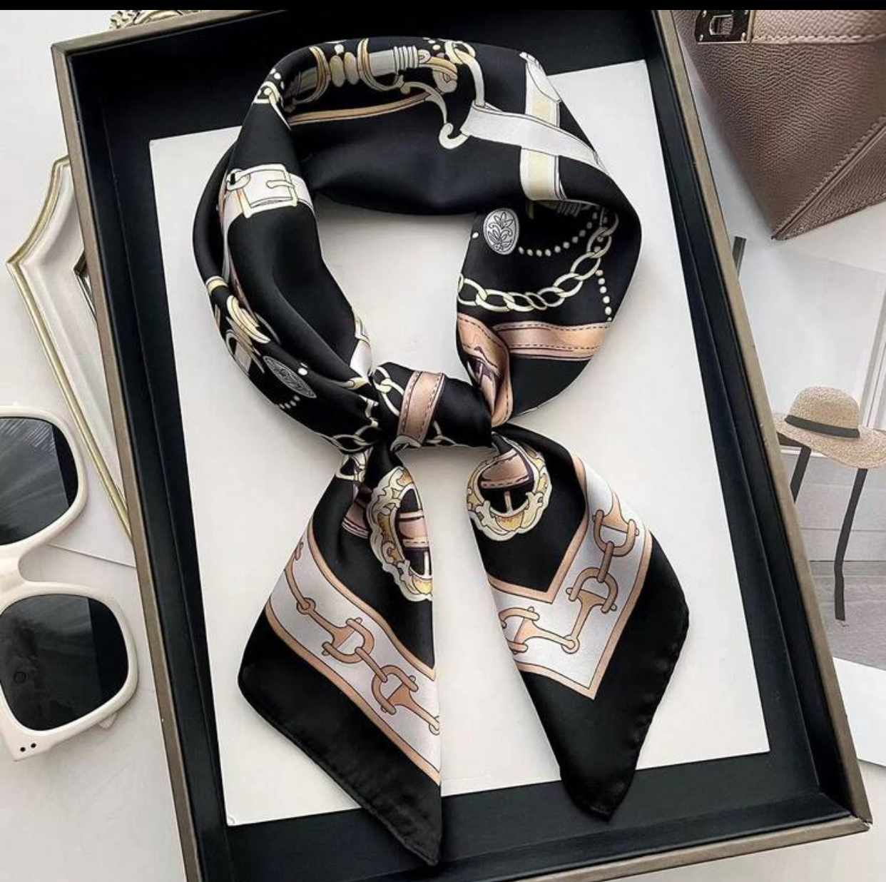 Vintage Regal Equestrian Chain Link and Belt Motif Silk Scarf in Black and Cream
