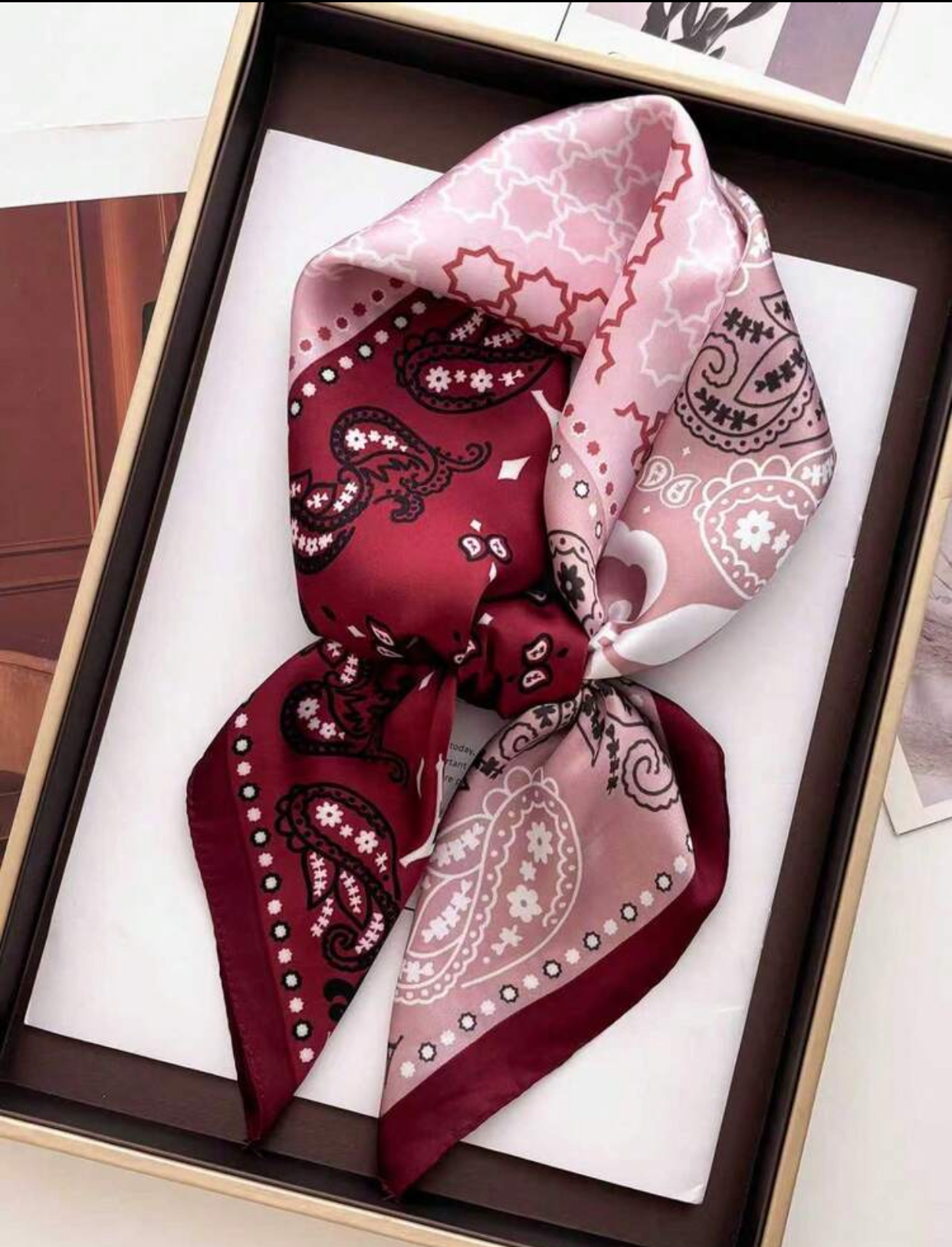 Two-Tone Split Paisley Print Satin Square Scarf in Dusty Pink and Deep Burgundy
