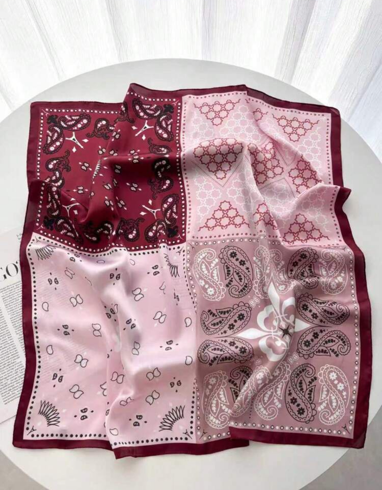 Two-Tone Split Paisley Print Satin Square Scarf in Dusty Pink and Deep Burgundy 2