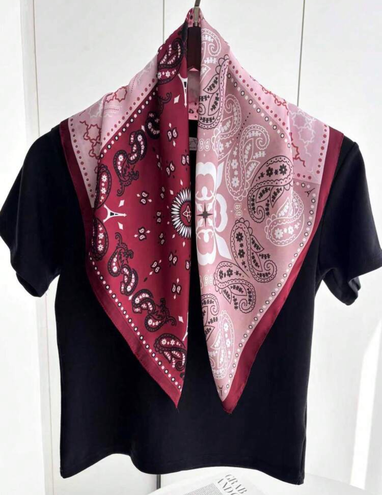 Two-Tone Split Paisley Print Satin Square Scarf in Dusty Pink and Deep Burgundy 3