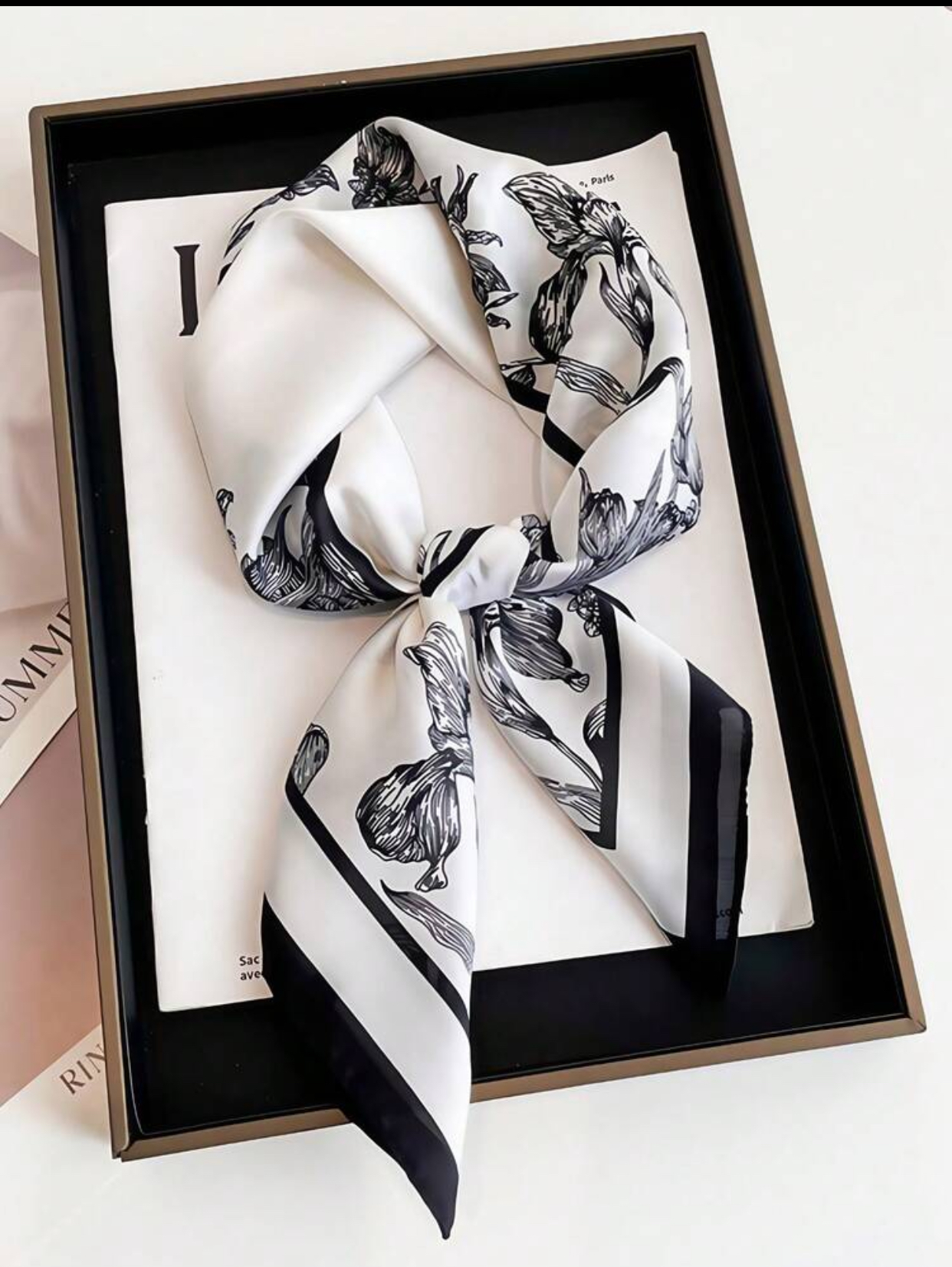 Minimalist Monochrome Botanical Sketch Silk Scarf with Black Border Accents