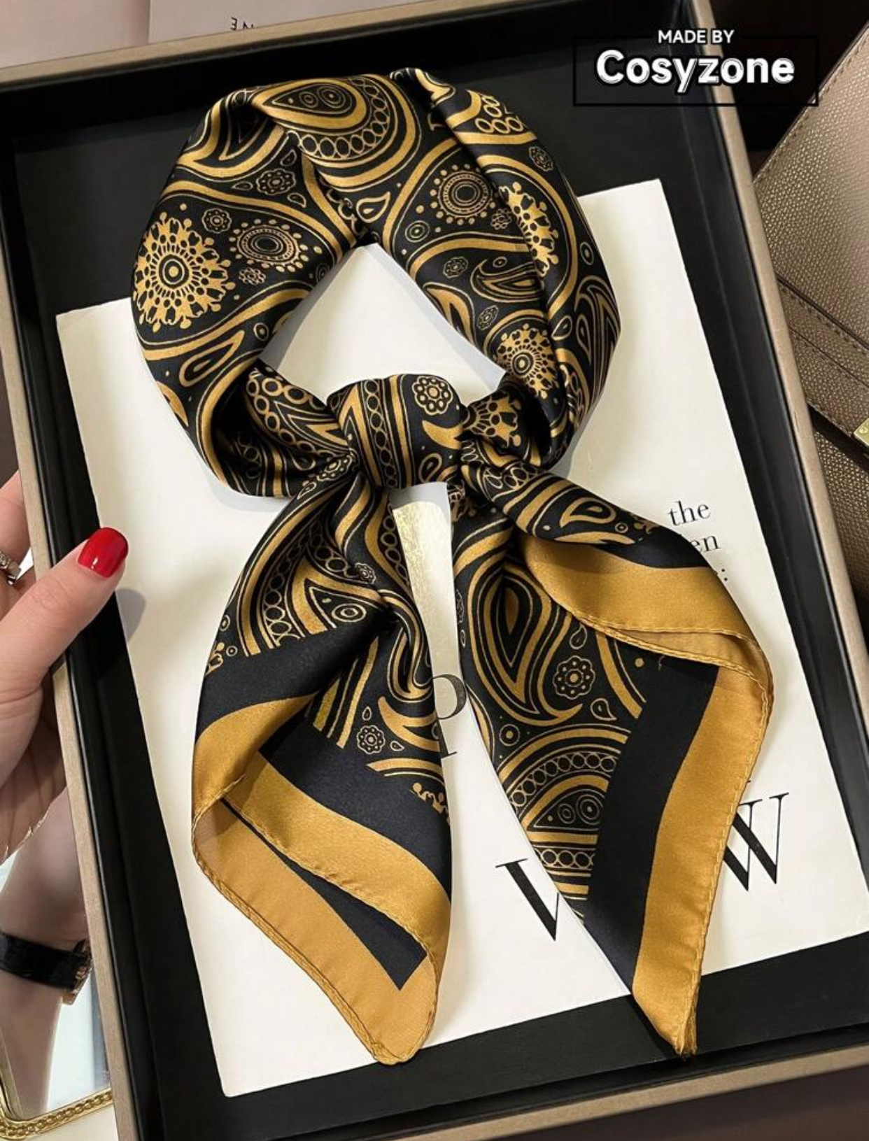 Luxury Antique Gold and Jet Black Intricate Medallion Paisley Satin Scarf