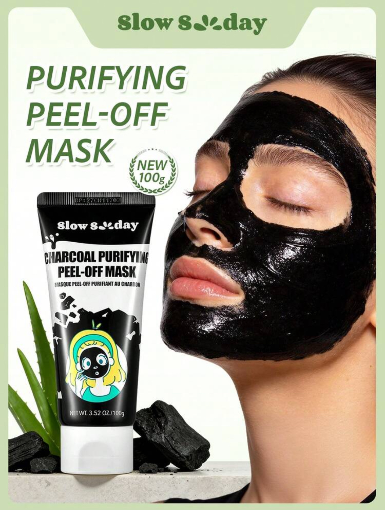Slow Sunday Charcoal Purifying Peel-Off Mask Deep Pore Cleansing and Blackhead Removal Exfoliating Detox Facial Cream (Net Wt. 3.52 oz / 100g Tube)