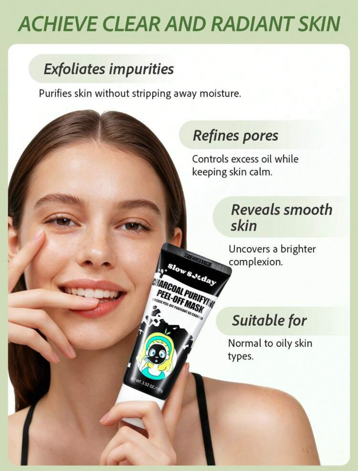 Slow Sunday Charcoal Purifying Peel-Off Mask Deep Pore Cleansing and Blackhead Removal Exfoliating Detox Facial Cream (Net Wt. 3.52 oz / 100g Tube) 2