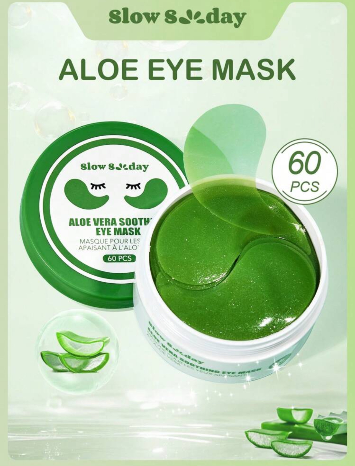 Slow Sunday Aloe Vera Soothing Hydrogel Eye Mask Moisturizing and Rejuvenating Under-Eye Patches for Dark Circles and Puffiness Reduction (60 Pieces / 30 Pairs Round Jar)