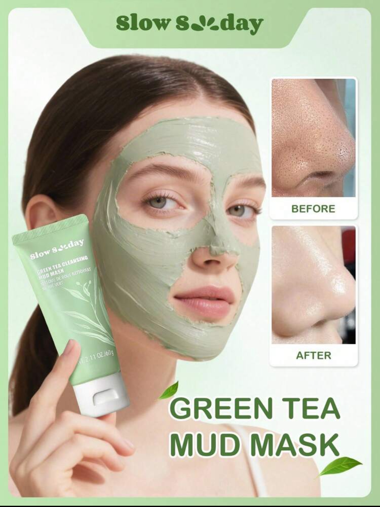 Slow Sunday Green Tea Cleansing Mud Mask Pore Refining and Blackhead Clearing Mineral Clay Mask with Botanical Extracts (Net Wt. 2.11 oz / 60g Tube) 3