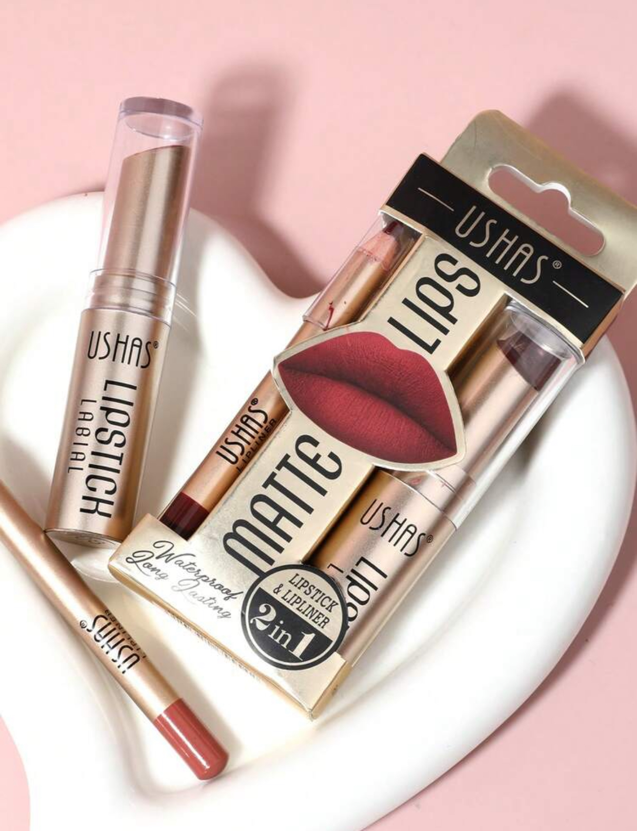 USHAS Matte Lips 2-in-1 Long-Lasting Waterproof Lipstick & Lip Liner Set 3