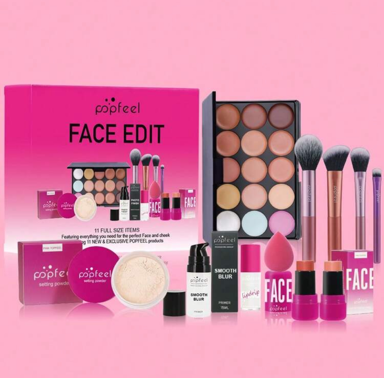 Popfeel Face Edit 11-Piece Full-Size Multi-Benefit Makeup Kit and Complexion Blending Set