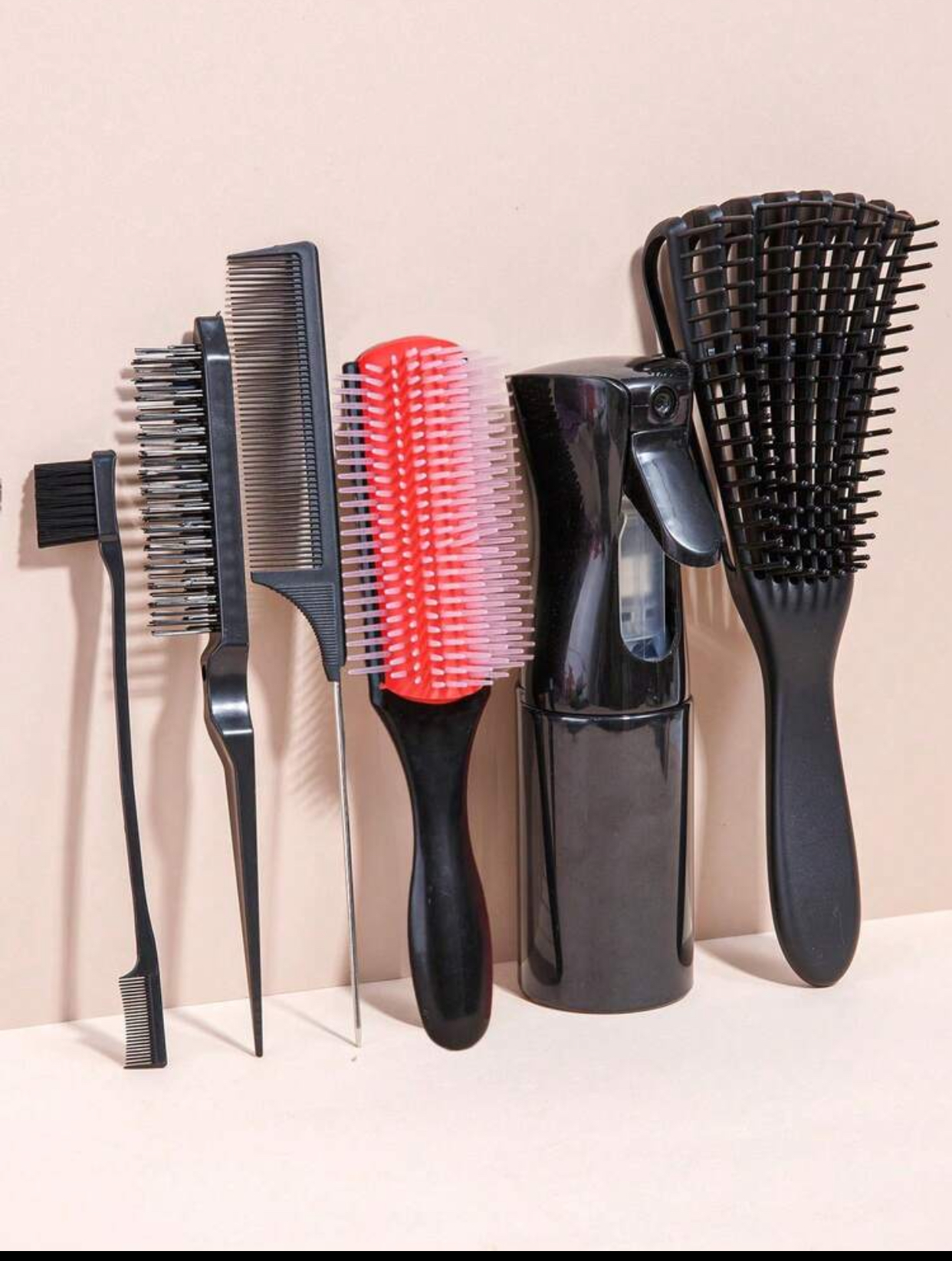 Professional 6-Piece Total Hair Styling Kit with Detangling Brushes, Sectioning Combs, and Mist Bottle