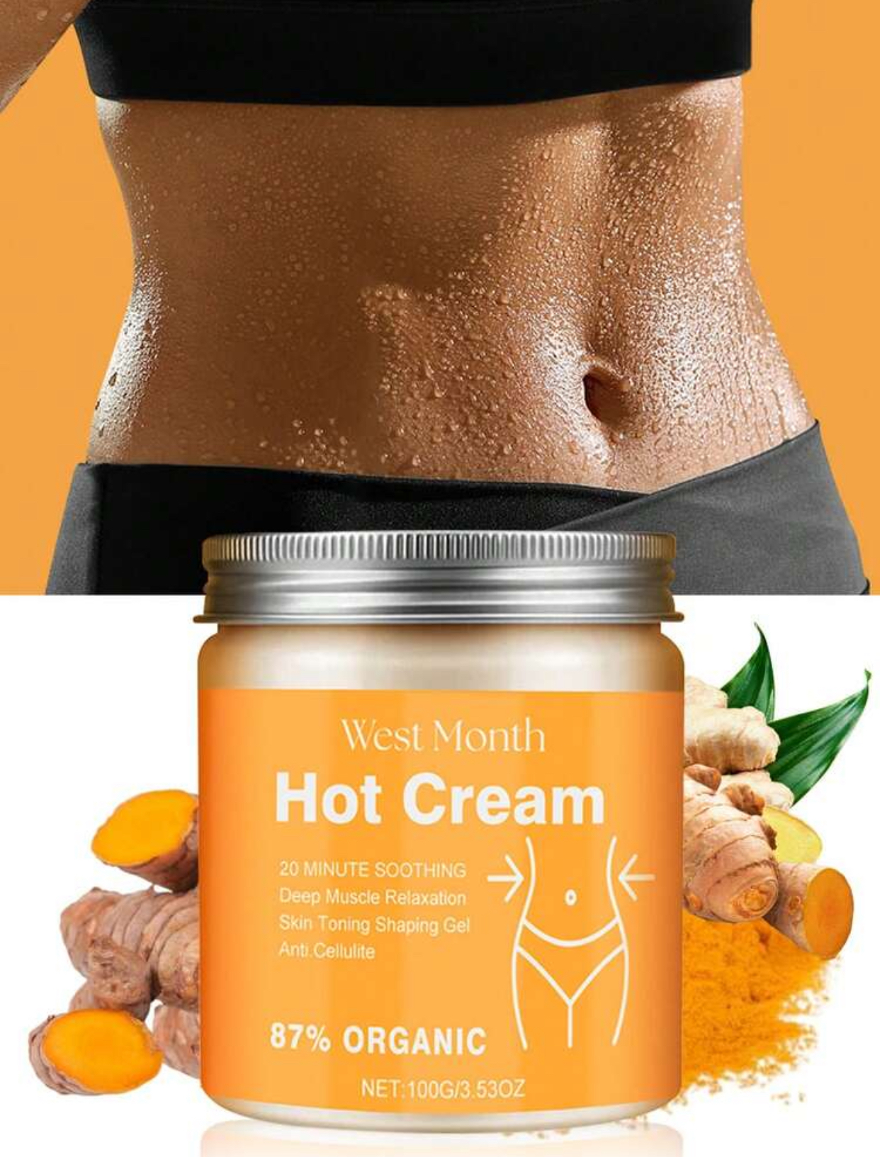 West Month 87% Organic Hot Cream – 20-Minute Soothing Deep Muscle Relaxation & Anti-Cellulite Skin Toning Body Shaping Gel (100g / 3.53oz)