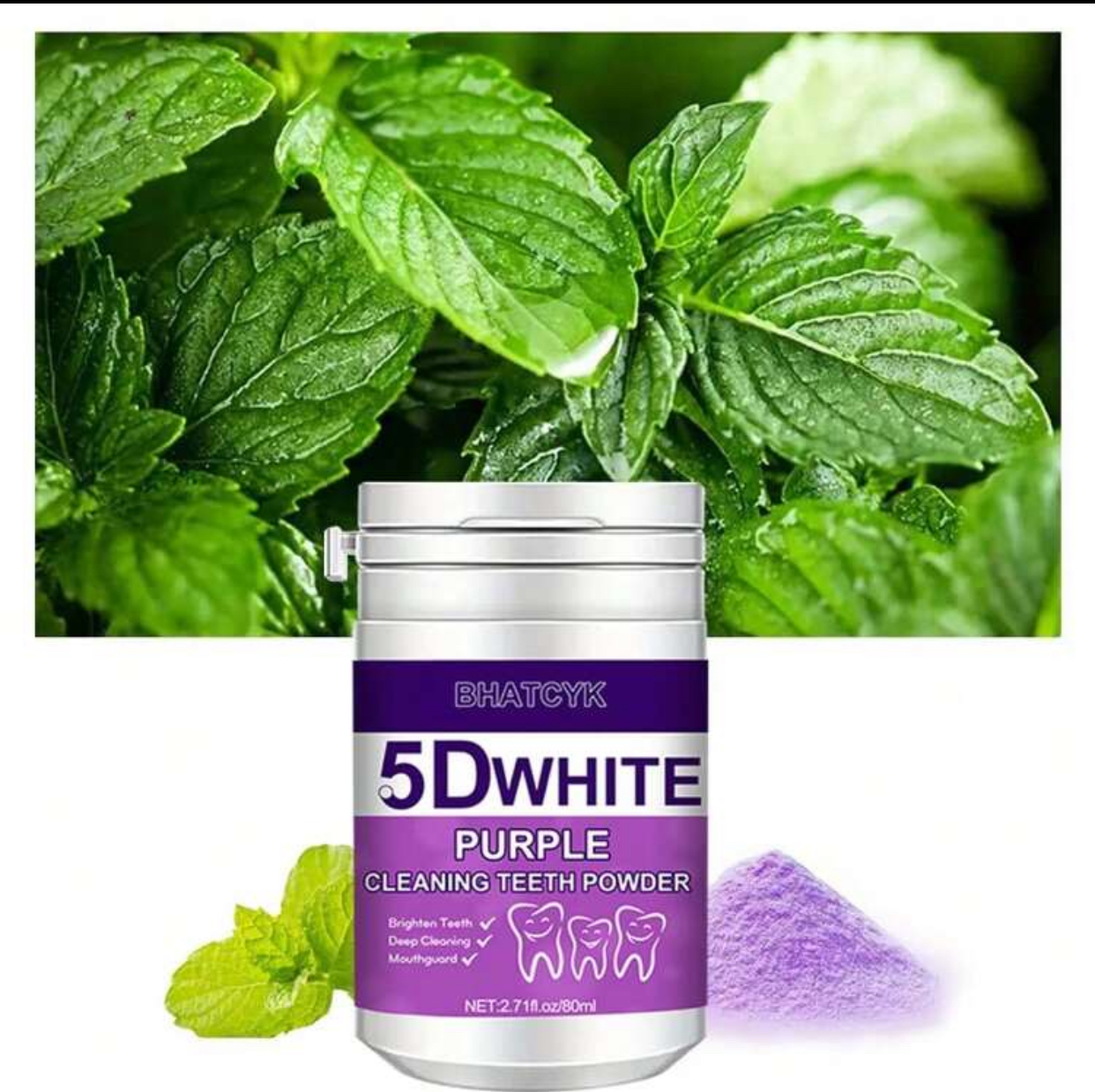 BHATCYK 5D White Purple Cleaning Teeth Powder – Deep Cleaning Mint-Flavored Dental Stain Eraser and Mouthguard Whitening Powder (80ml / 2.71fl.oz)