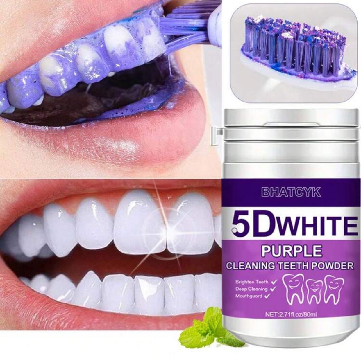 BHATCYK 5D White Purple Cleaning Teeth Powder – Deep Cleaning Mint-Flavored Dental Stain Eraser and Mouthguard Whitening Powder (80ml / 2.71fl.oz) 2
