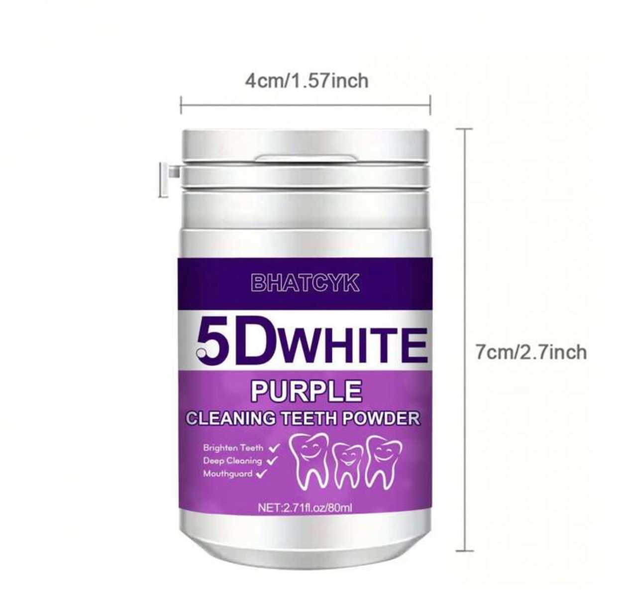 BHATCYK 5D White Purple Cleaning Teeth Powder – Deep Cleaning Mint-Flavored Dental Stain Eraser and Mouthguard Whitening Powder (80ml / 2.71fl.oz) 3