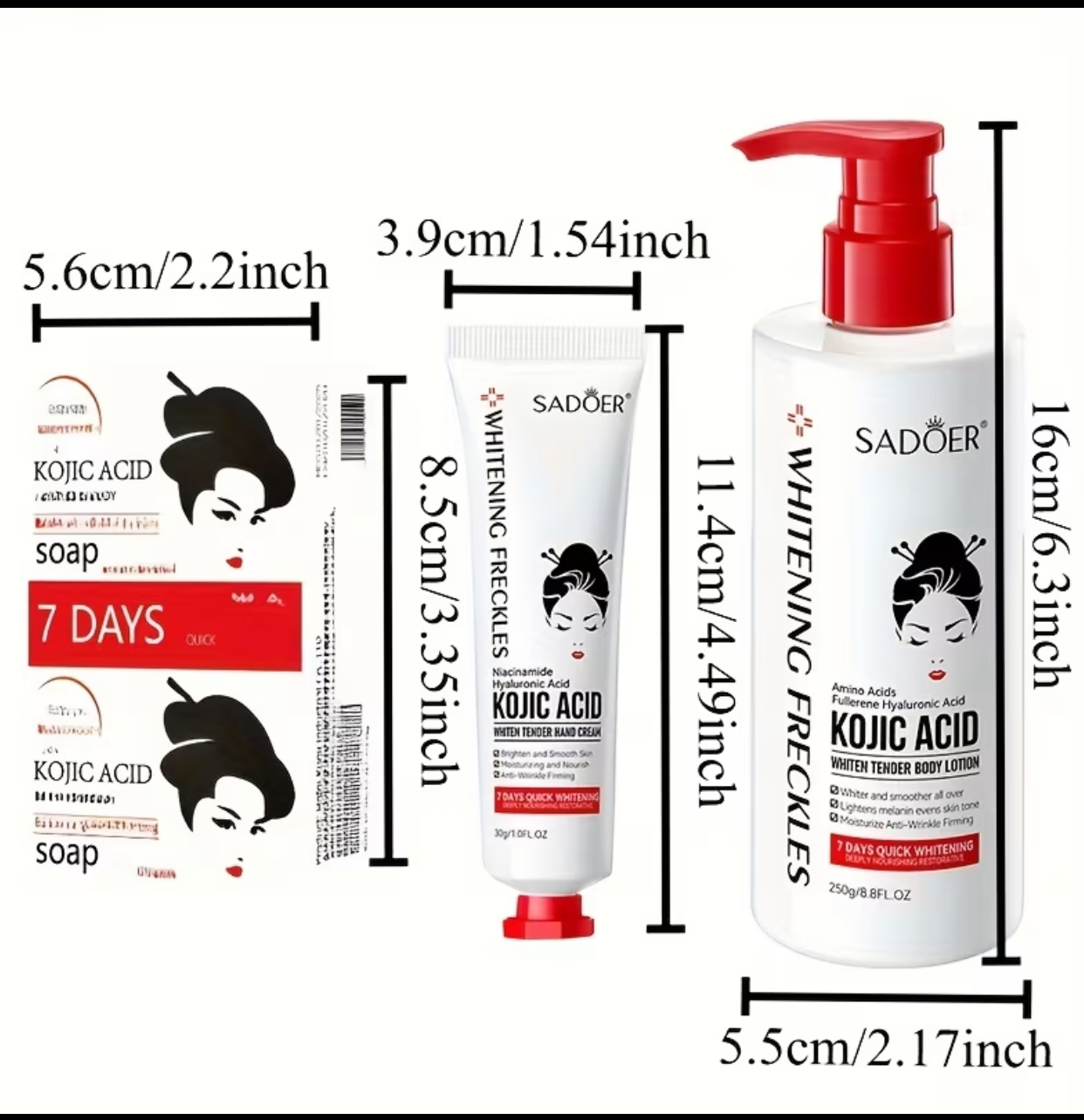 SADOER Kojic Acid Brightening 3-Piece Body Care Set – Complete Skincare Trio with Exfoliating Soap, Hand Cream, and Body Lotion 2