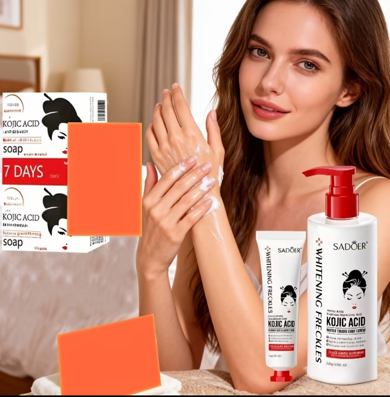 SADOER Kojic Acid Brightening 3-Piece Body Care Set – Complete Skincare Trio with Exfoliating Soap, Hand Cream, and Body Lotion