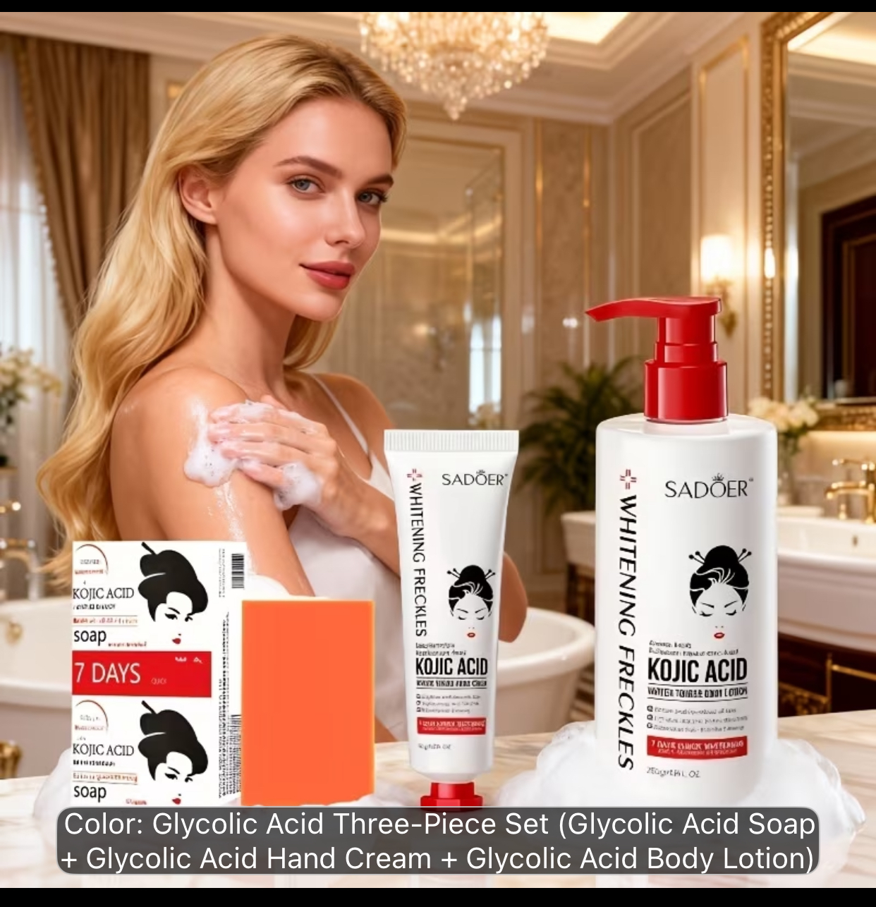 SADOER Kojic Acid Brightening 3-Piece Body Care Set – Complete Skincare Trio with Exfoliating Soap, Hand Cream, and Body Lotion 3