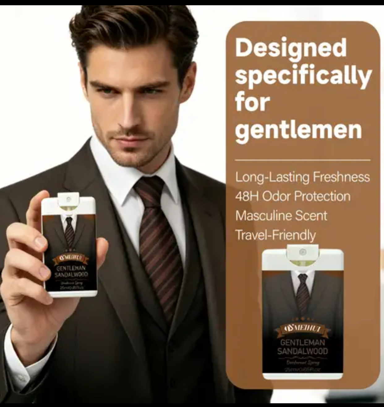 QYMEIHUI Gentleman Sandalwood Card-Style Deodorant Spray – Pocket-Sized 25ml Ultra-Thin Travel Body Fragrance Mist