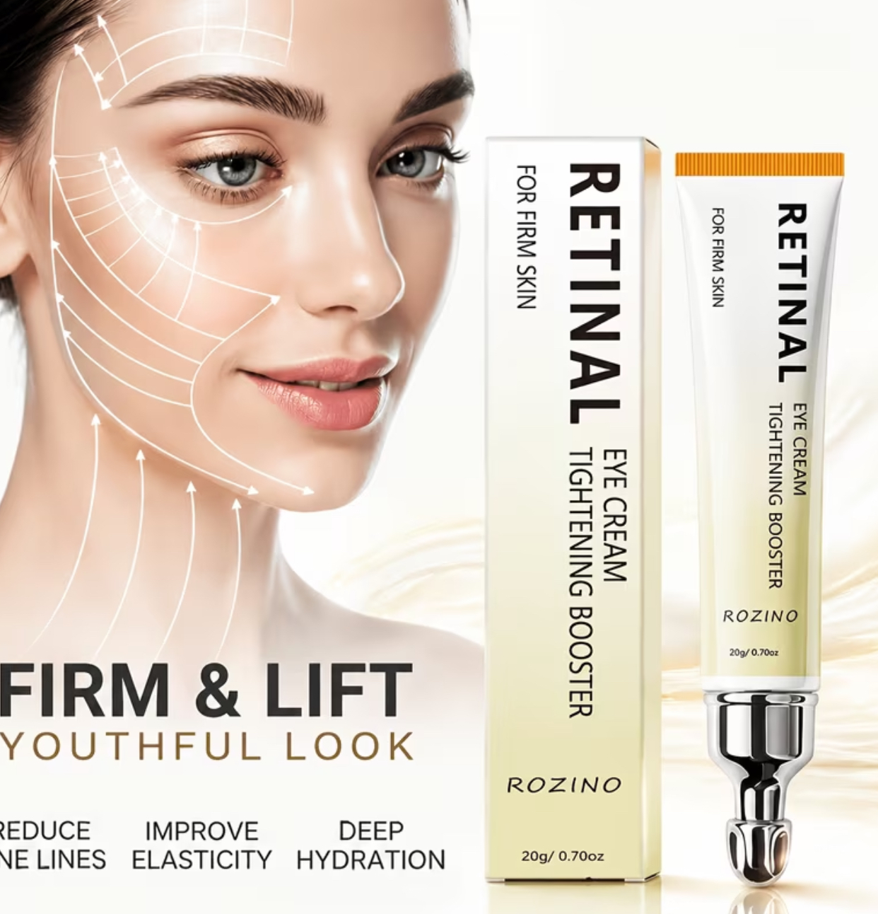 ROZINO Retinal Tightening Booster Eye Cream – 20g Retinol-Infused Smoothing Formula with Cooling Metal Wand Applicator