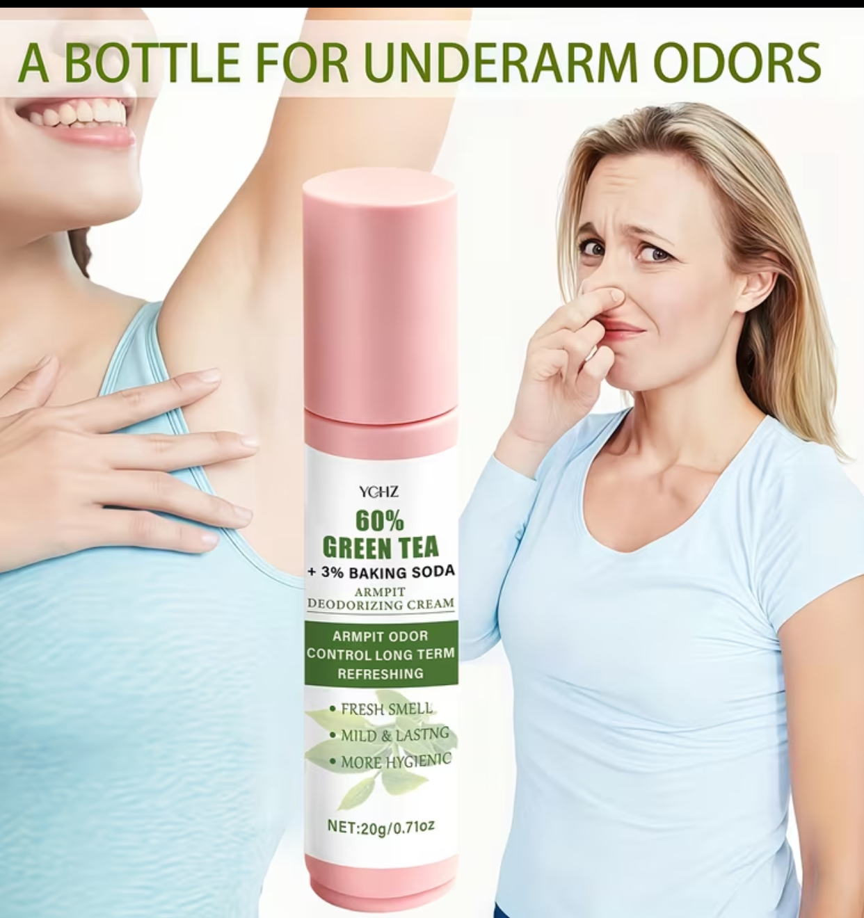 YGHZ 60% Green Tea & 3% Baking Soda Armpit Deodorizing Cream – 20g Intensive Underarm Odor Control Cream
