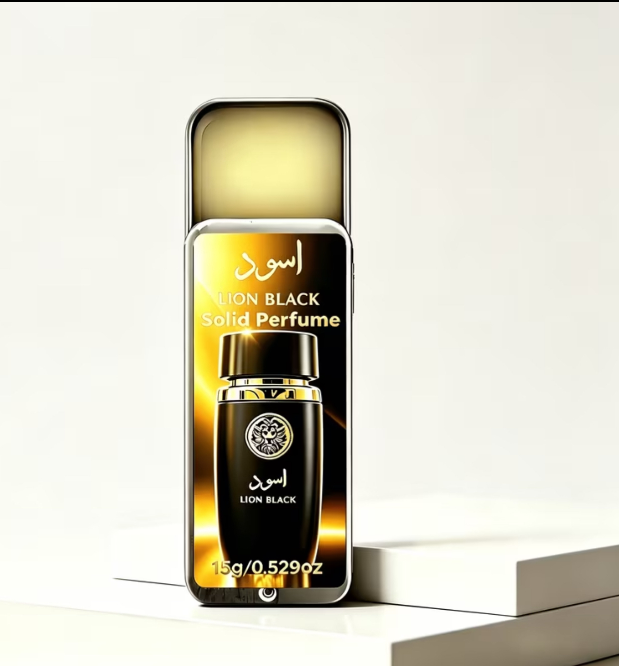 LION BLACK Solid Perfume Tin – 15g Pocket-Sized Asymmetric Slide-Open Luxury Arabic Cologne Balm