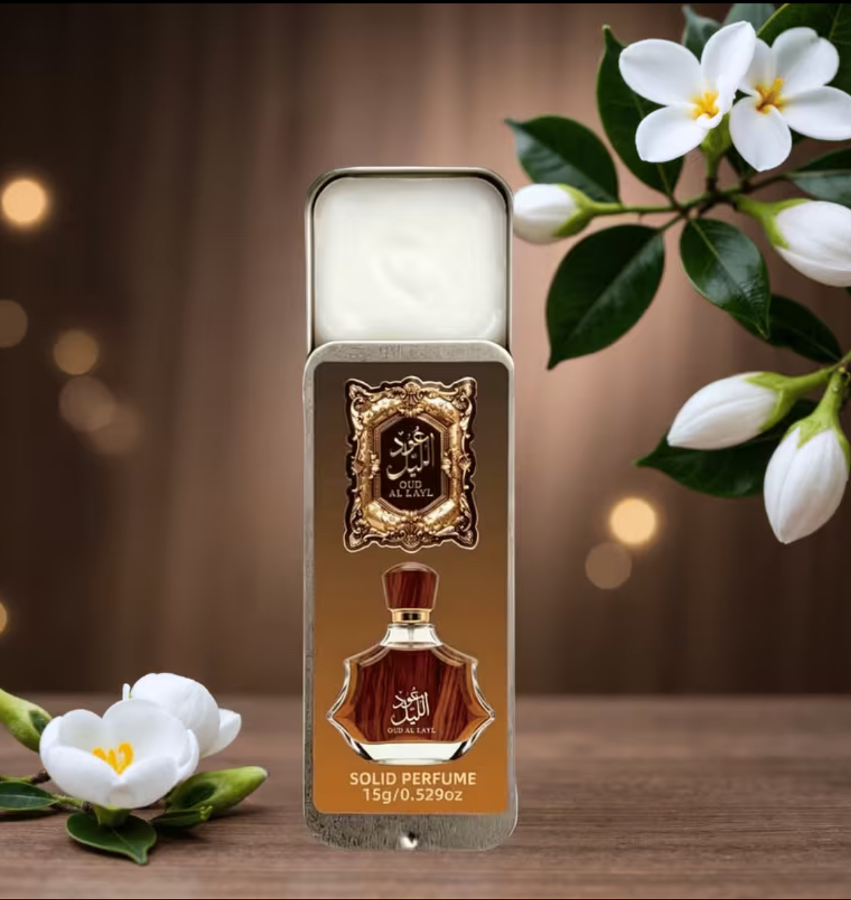 Oud Al Layl Jasmine Floral Solid Perfume – 15g Slide-Open Compact with Delicate White Floral Accents 2
