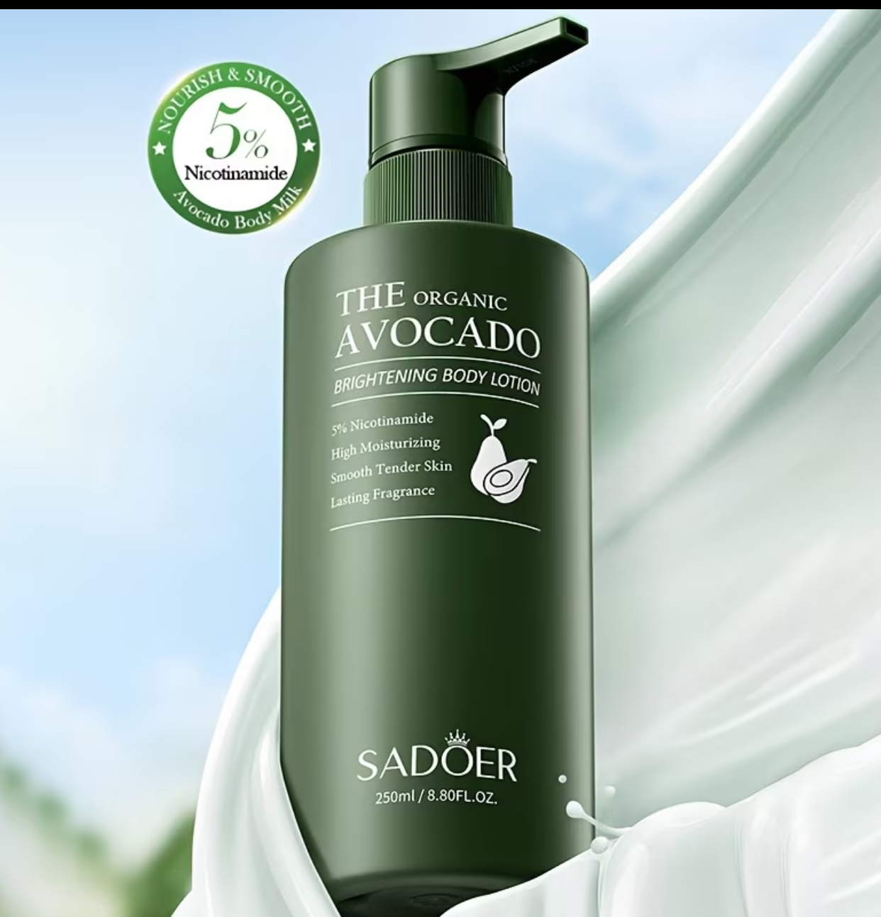 SADOER Organic Avocado Brightening Body Lotion – 250ml Hydrating Body Milk with 5% Nicotinamide