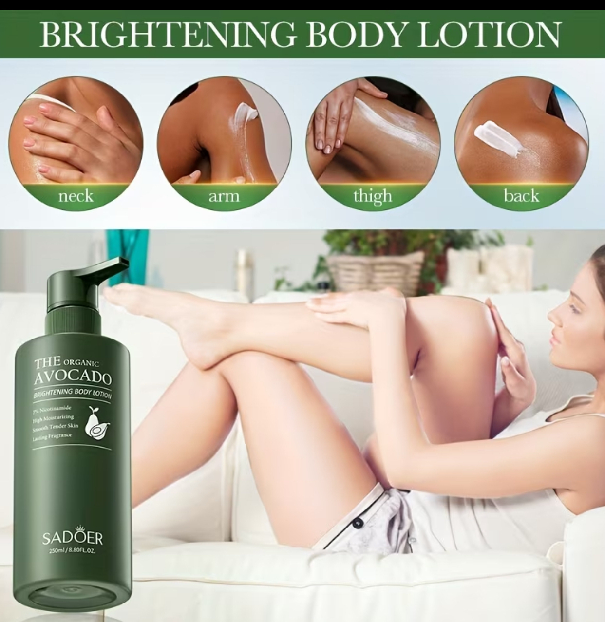 SADOER Organic Avocado Brightening Body Lotion – 250ml Hydrating Body Milk with 5% Nicotinamide 3