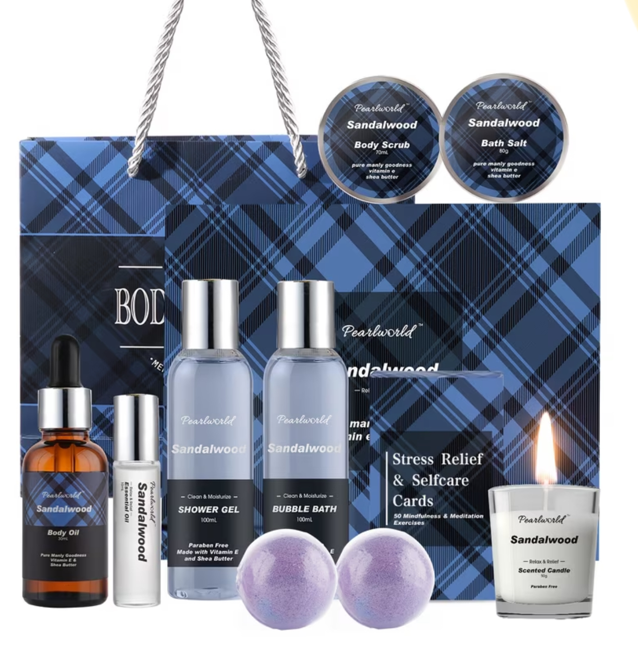 Pearlworld Sandalwood Luxury Stress Relief Gift Set – Full Spa & Self-Care Collection in Plaid Tote Bag