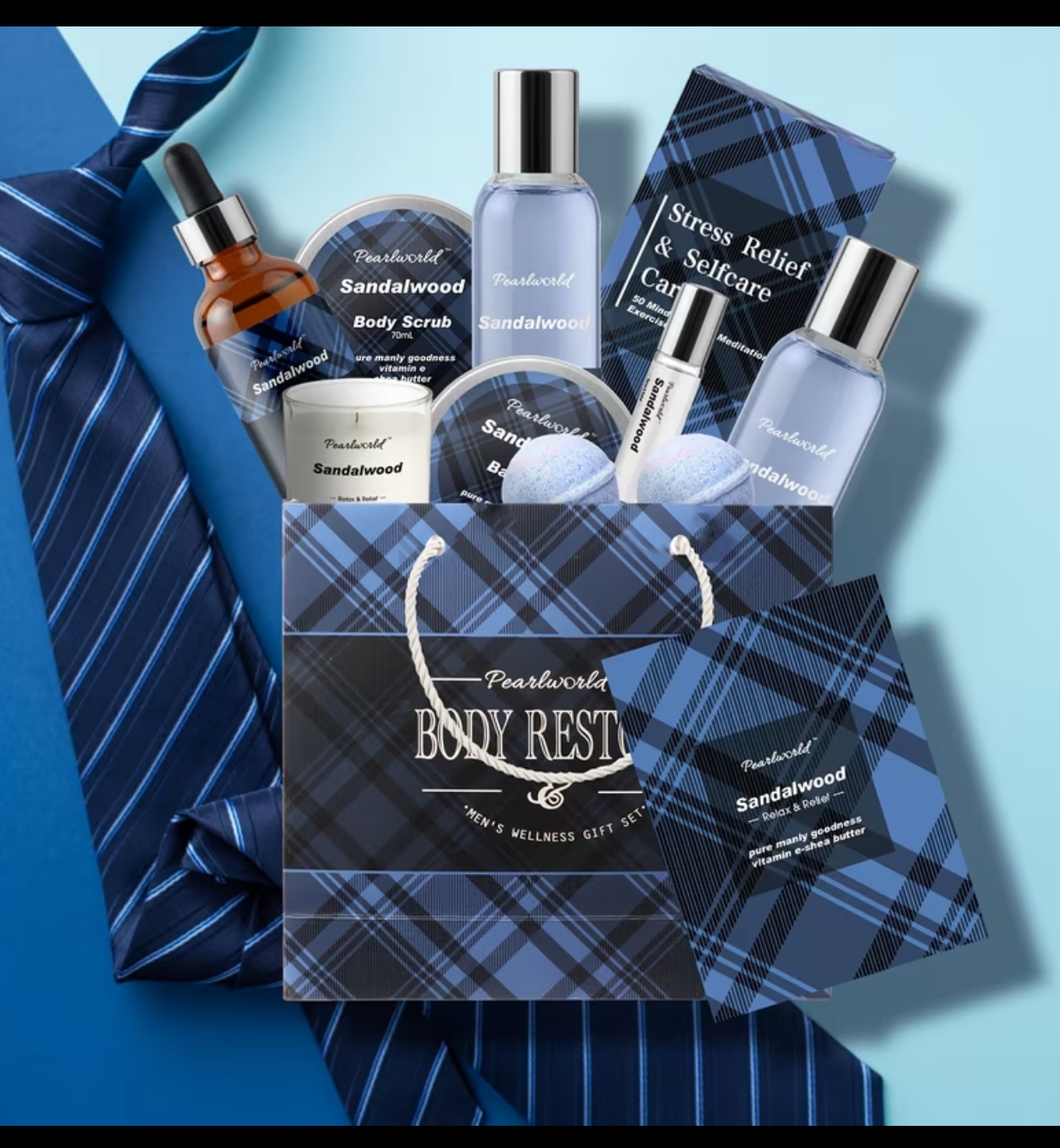 Pearlworld Sandalwood Luxury Stress Relief Gift Set – Full Spa & Self-Care Collection in Plaid Tote Bag 2