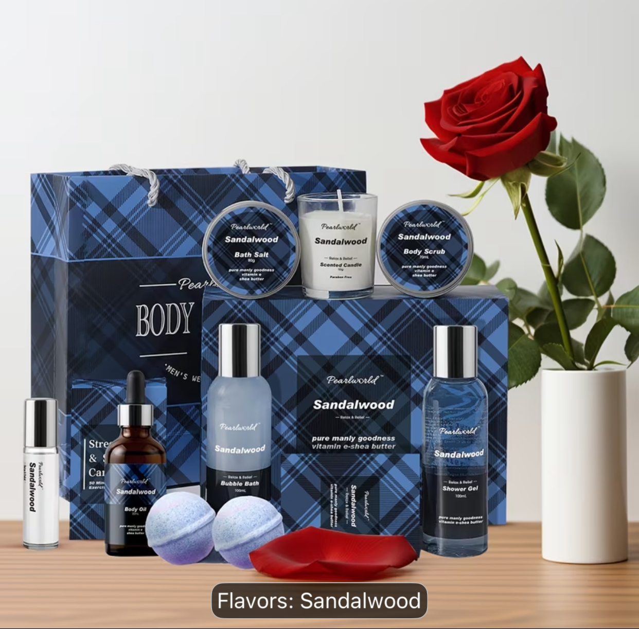 Pearlworld Sandalwood Luxury Stress Relief Gift Set – Full Spa & Self-Care Collection in Plaid Tote Bag 3