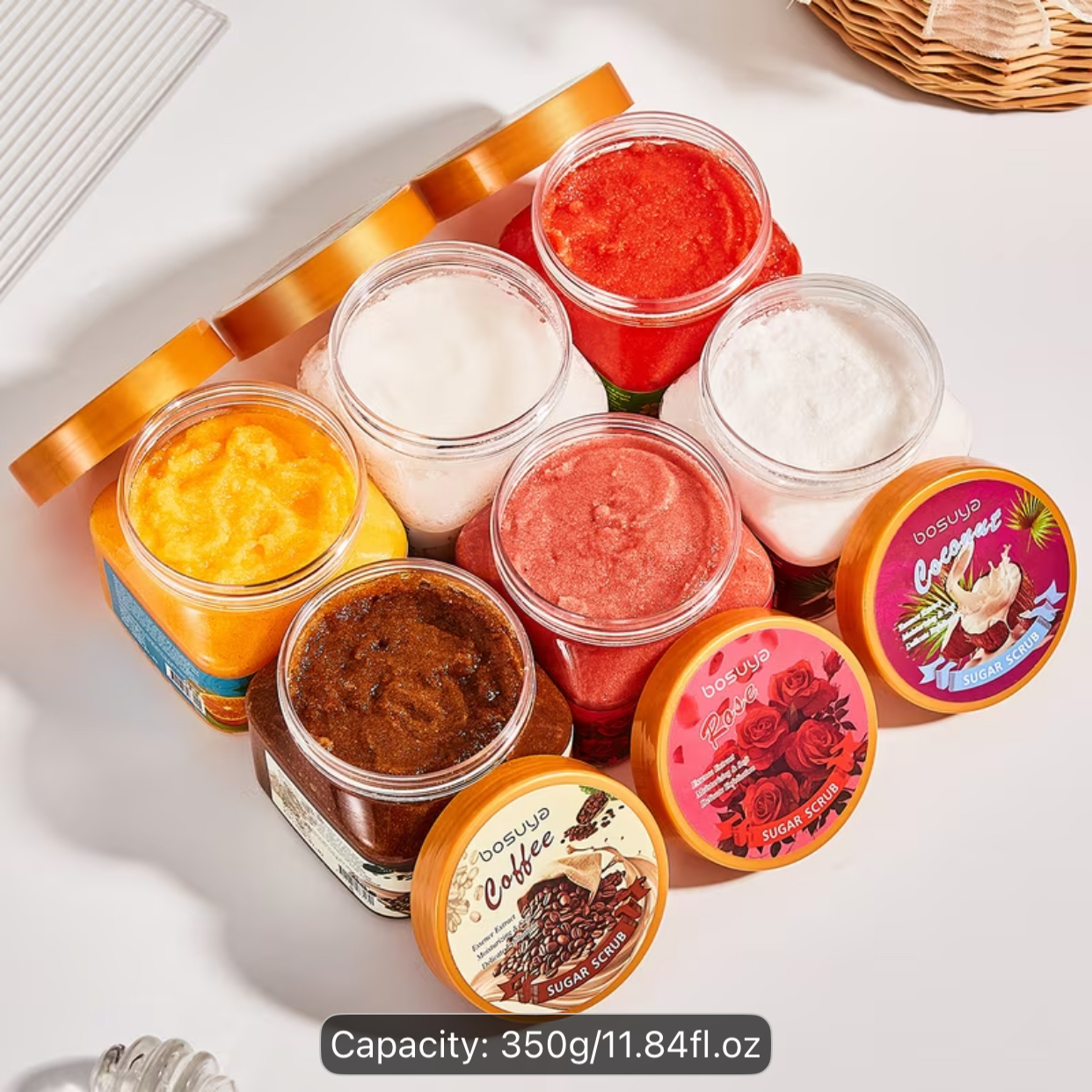 Bosuya Exfoliating Sugar Scrub Bath Salts – 350g Jars in Watermelon, Coffee, Rose, Rice, Coconut & Orange