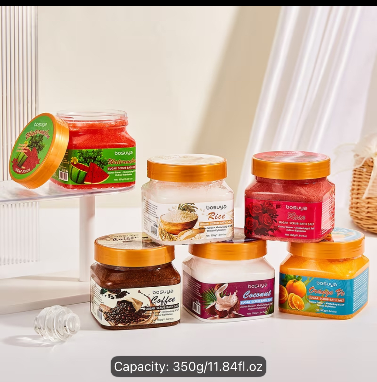 Bosuya Exfoliating Sugar Scrub Bath Salts – 350g Jars in Watermelon, Coffee, Rose, Rice, Coconut & Orange 2