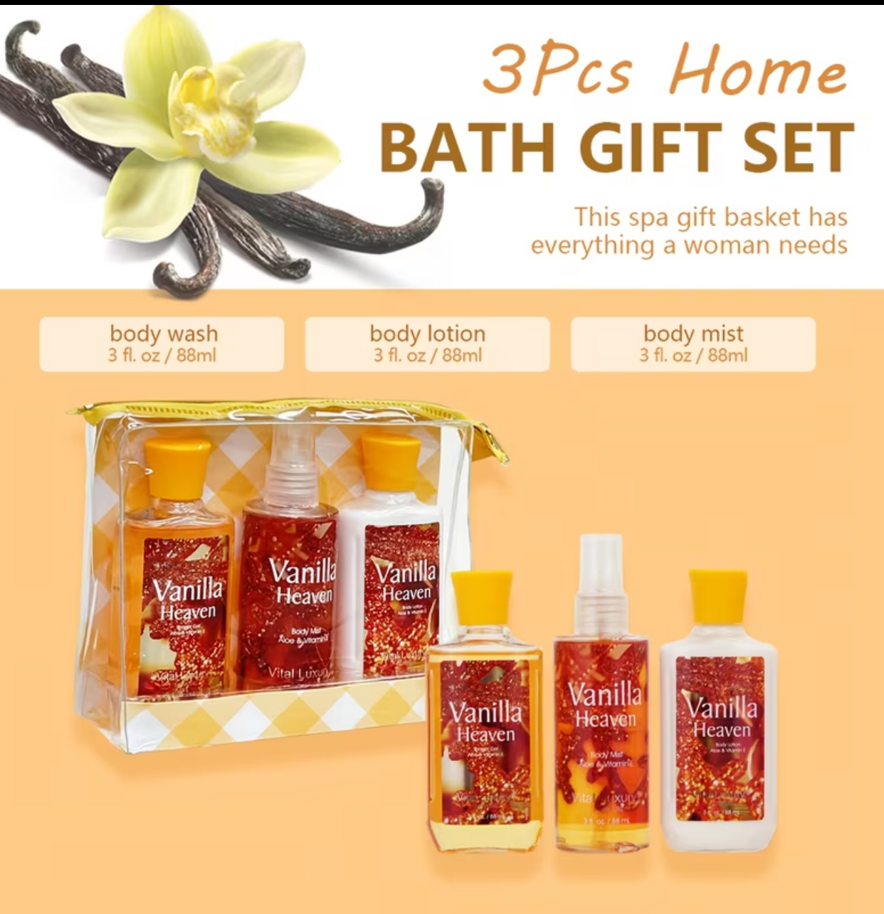 Vanilla Heaven 3-Piece Home Spa & Bath Travel Set – 88ml Body Wash, Lotion & Mist Trio with Pouch