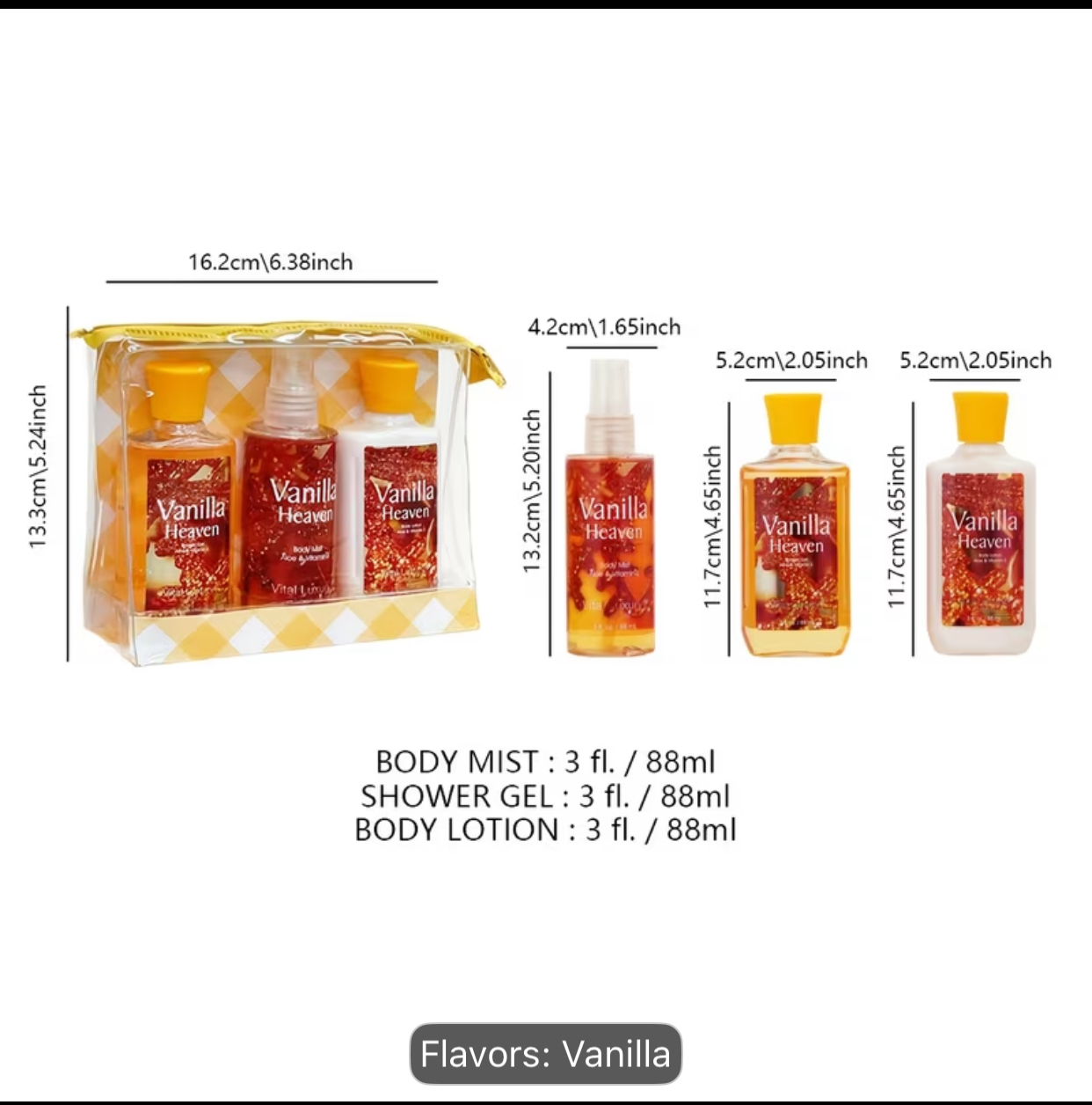 Vanilla Heaven 3-Piece Home Spa & Bath Travel Set – 88ml Body Wash, Lotion & Mist Trio with Pouch 2