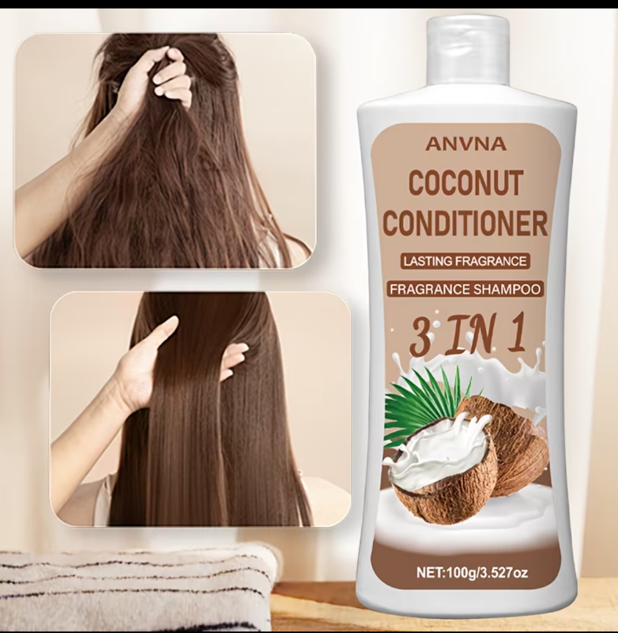 ANVNA 3-in-1 Coconut Shampoo & Conditioner Set – Dual 100g Bottles for Deep Cleansing & Moisture Care