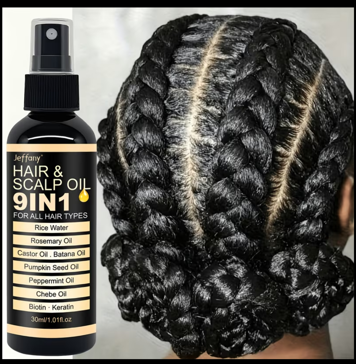 Jeffany 9-in-1 Premium Hair & Scalp Oil Spray – 30ml Rice Water, Chebe & Biotin Growth Treatment
