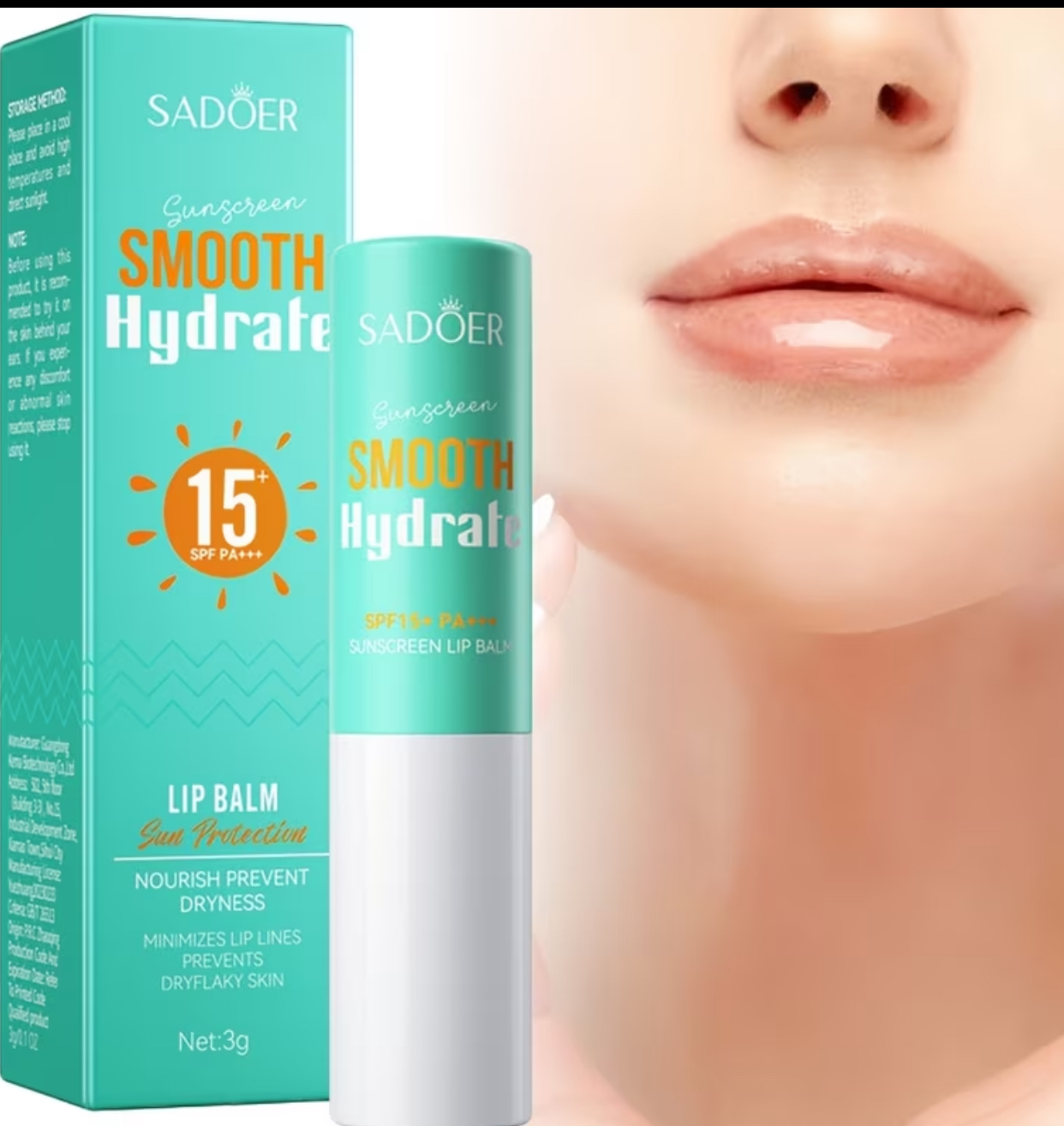 SADOER Smooth Hydrate Sunscreen Lip Balm – 3g Protective SPF 15+ PA+++ Moisture Stick