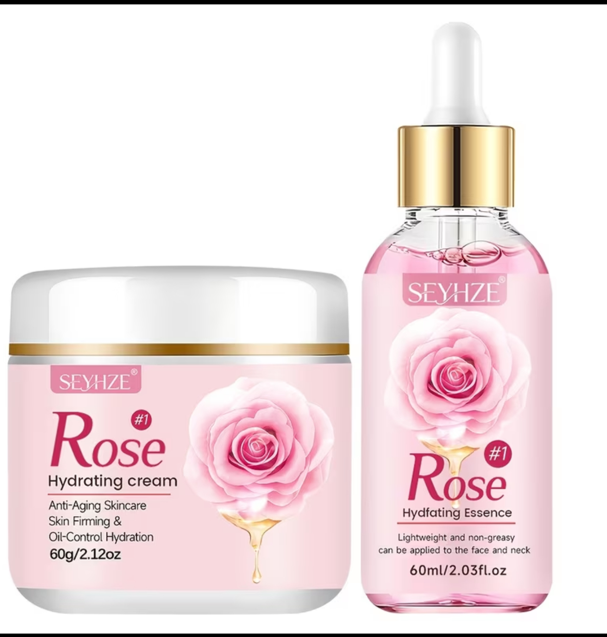 SEYHZE Rose Hydrating Skincare Duo – Anti-Aging Face Cream (60g) & Lightweight Hydrating Essence Serum (60ml) Set for Skin Firming and Oil-Control