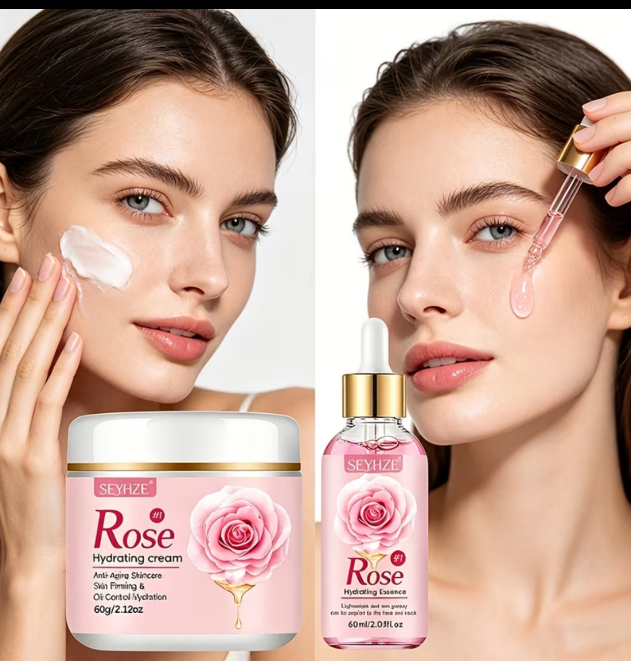 SEYHZE Rose Hydrating Skincare Duo – Anti-Aging Face Cream (60g) & Lightweight Hydrating Essence Serum (60ml) Set for Skin Firming and Oil-Control 2