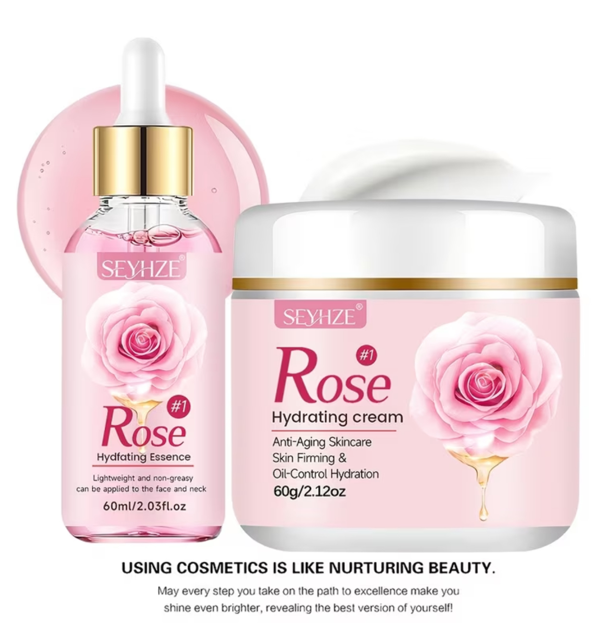 SEYHZE Rose Hydrating Skincare Duo – Anti-Aging Face Cream (60g) & Lightweight Hydrating Essence Serum (60ml) Set for Skin Firming and Oil-Control 3