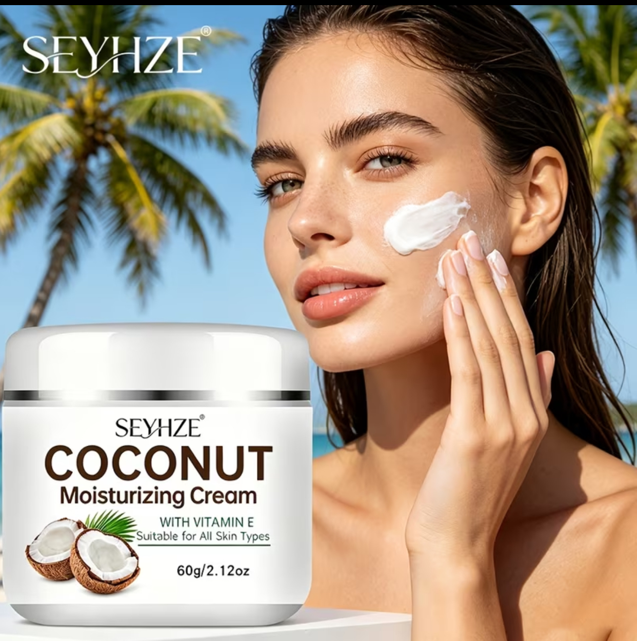 SEYHZE Coconut Moisturizing Cream with Vitamin E – Nourishing and Hydrating All-Skin-Types Daily Facial and Body Moisturizer (60g)