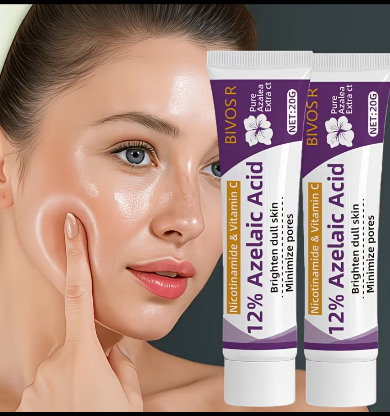 BIVOS R 12% Azelaic Acid Cream with Niacinamide & Vitamin C – Pore Minimizing and Dull Skin Brightening Topical Treatment Gel (20g Double Pack)